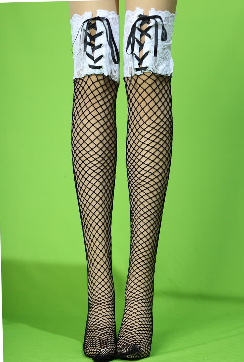 WIDE LACE & RIBBON LACE SPANDEX NET THIGH HI